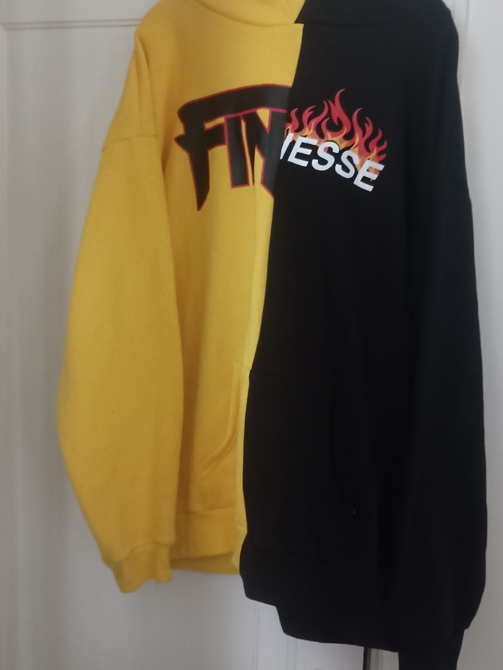 Fashion Nova Black and Yellow Two-Tone Flame Hoodie